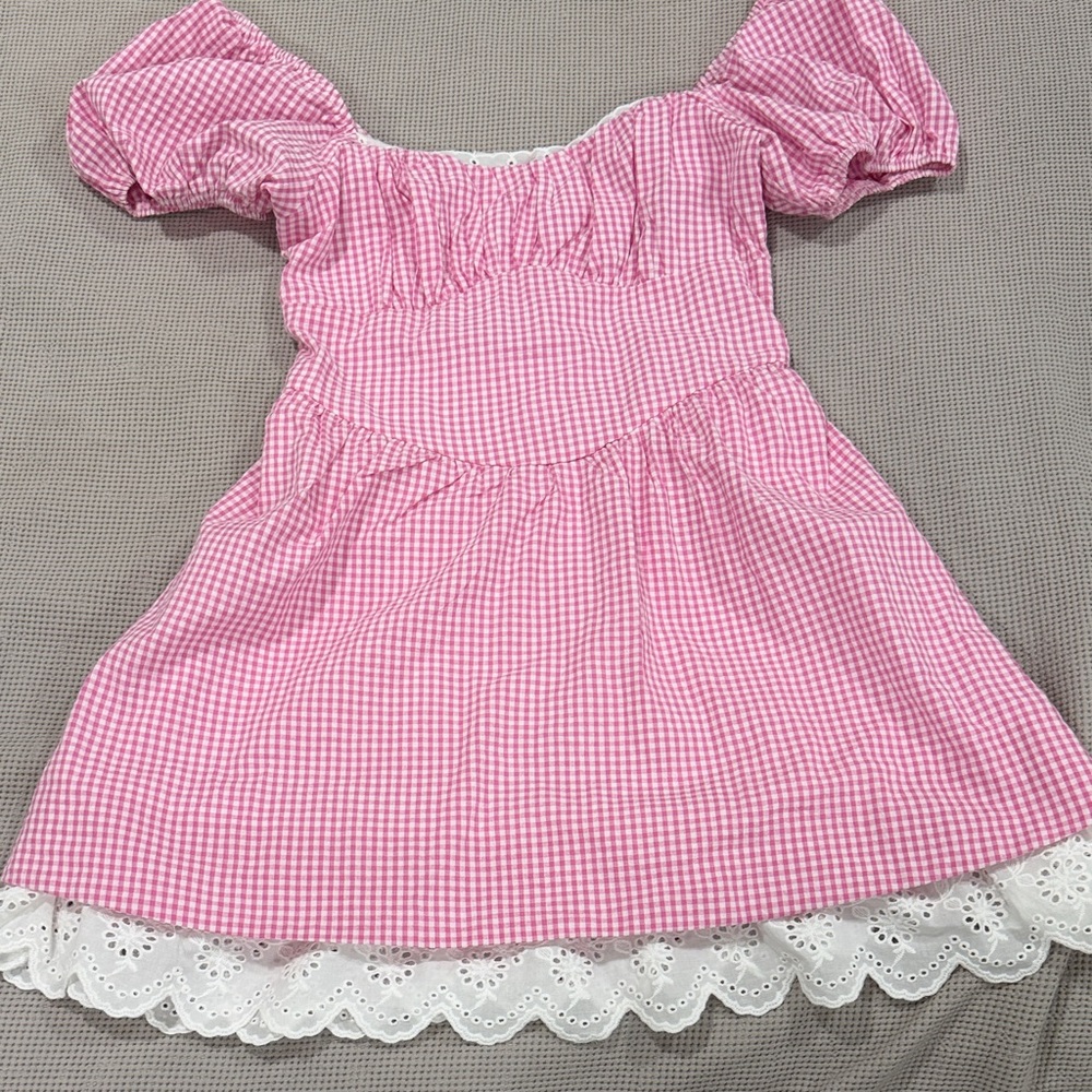 Pink Gingham Maxi Dress with Eyelet Hem